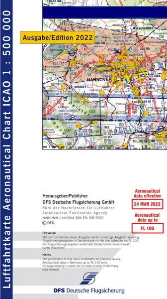 ICAO Karte 2022 Hannover, Papier, gefalzt, 1:500.000