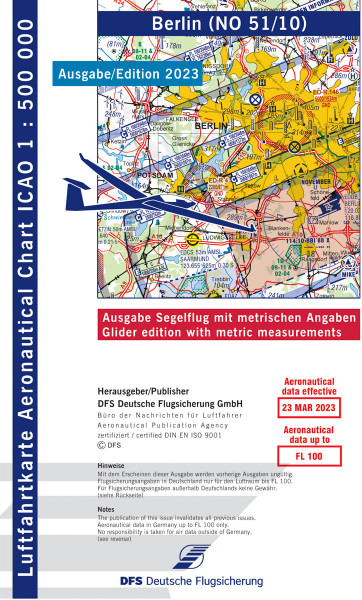 ICAO Karte 2023 Berlin Segelflug, Papier, gefalzt, 1:500.000