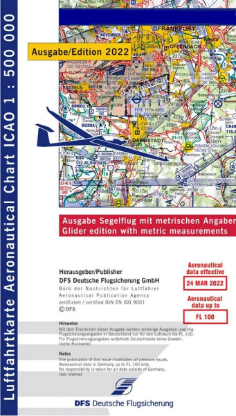 ICAO Karte 2022 Nürnberg Segelflug, Papier, gefalzt, 1:500.000