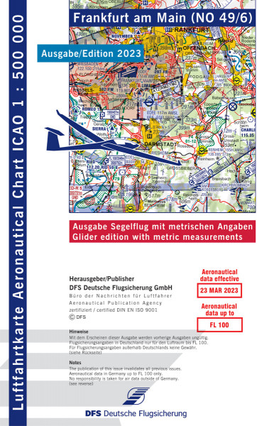 ICAO Karte 2023 Frankfurt Segelflug, Papier, gefalzt, 1:500.000