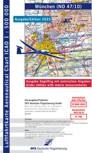 ICAO Karte 2023 München Segelflug, Papier, gefalzt, 1:500.000