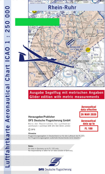 ICAO Karte 2023 Rhein-Ruhr Segelflug, Papier, gefalzt, 1:250.000