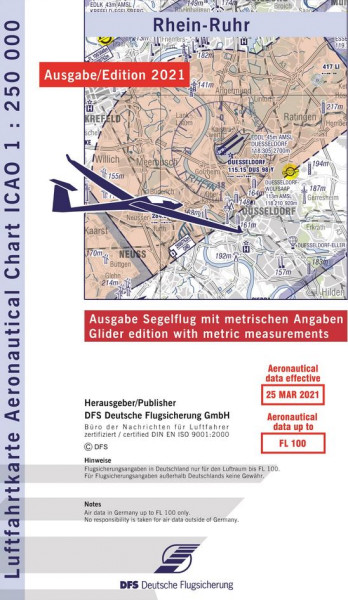 ICAO Karte 2022 Rhein-Ruhr Segelflug, Papier, gefalzt, 1:250.000